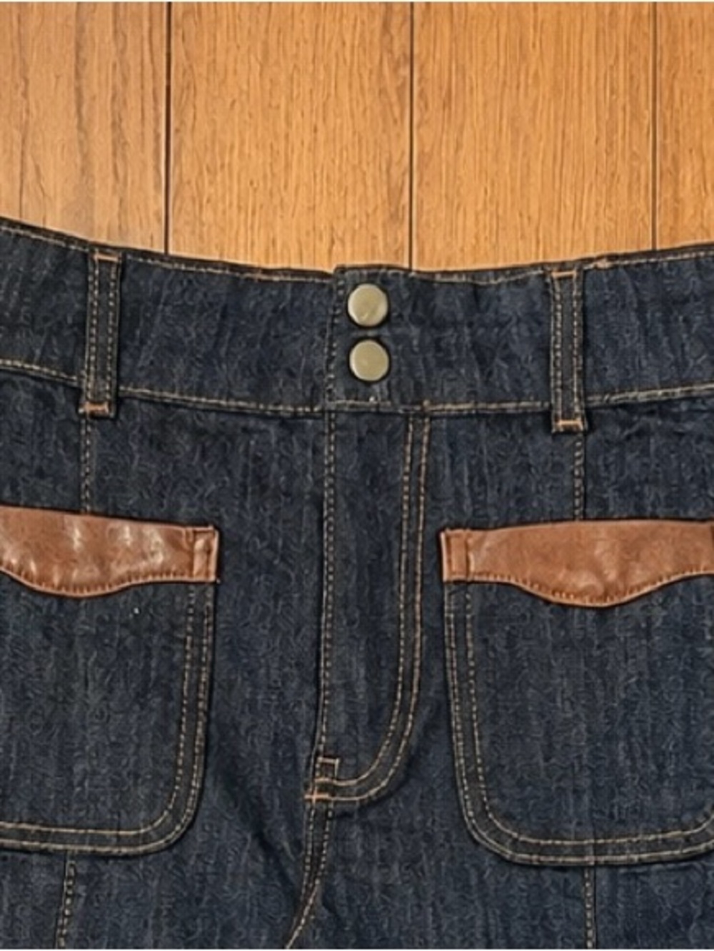 Maeve Dark Blue Denim Cropped Wide-Leg Jeans with Brown Trim Sz 23P - Picture 3 of 4